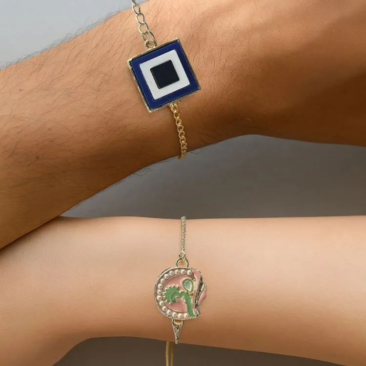 brother bhabhi rakhi set featuring peacock and evil eye